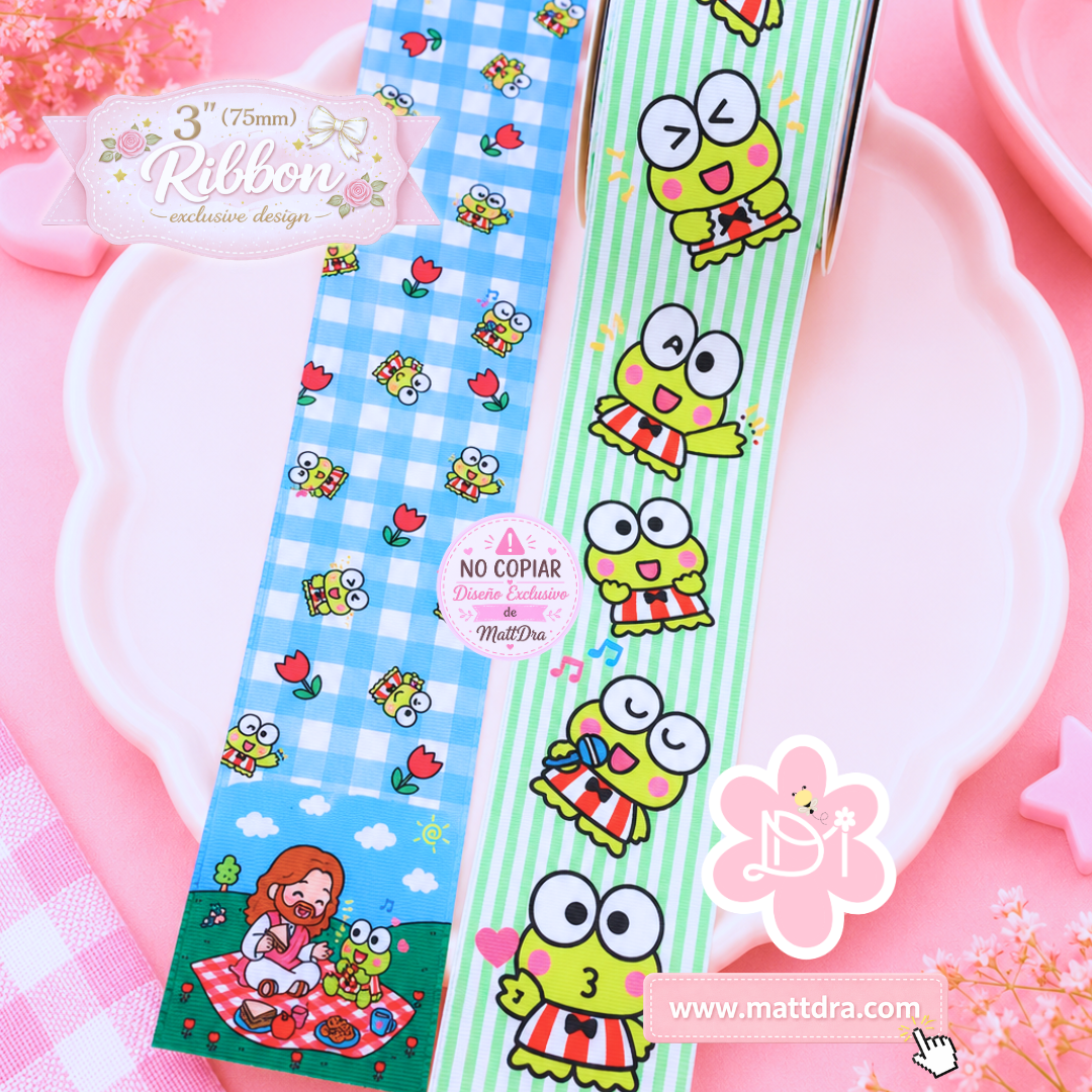 Cinta (Tira) Grossgrain 3” (75mm) Diseño Exclusivo Rana Kawaii Cristiana | Jesús y Picnic | Exclusive Design/ Strip