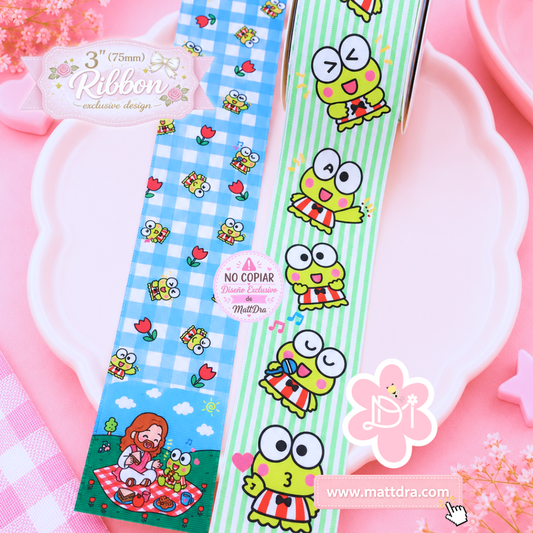 Cinta (Tira) Grossgrain 3” (75mm) Diseño Exclusivo Rana Kawaii Cristiana | Jesús y Picnic | Exclusive Design/ Strip