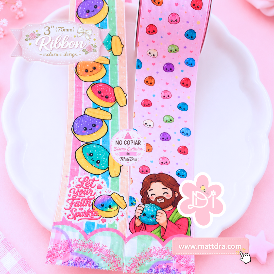 Exclusive 3” Strip Grosgrain Ribbon – Let Your Faith Sparkle | Christian Ribbon | 75mm Glitter Squishy Dumpling Design