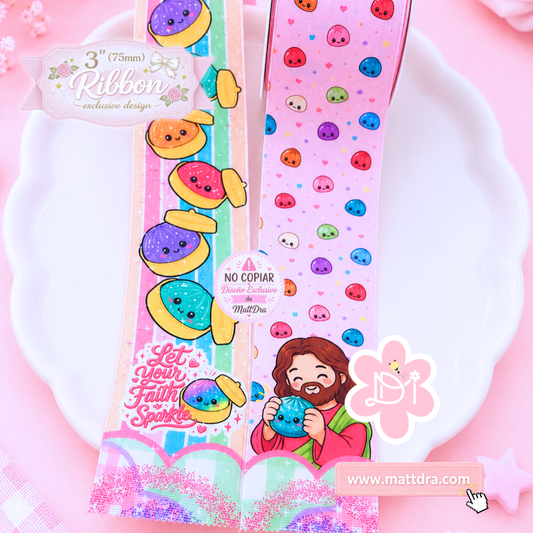Exclusive 3” Strip Grosgrain Ribbon – Let Your Faith Sparkle | Christian Ribbon | 75mm Glitter Squishy Dumpling Design