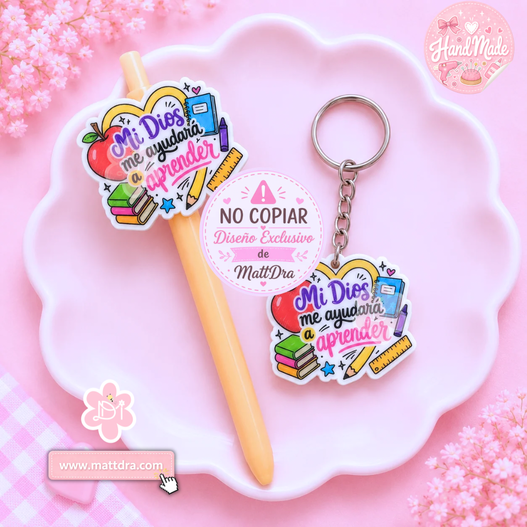 Christian Pen & Keychain Bundle | “Mi Dios Me Ayudará a Aprender” Handmade Gift Set