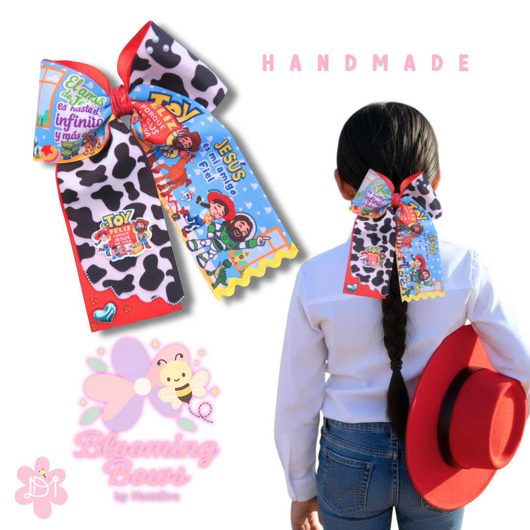 Handmade - esTOY feliz porque Jesús me ama - Lazo (moño) coletero - Colección Blooming Bows - Mensaje Cristiano