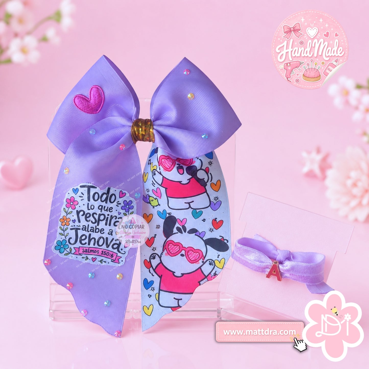 Set Lazo Cristiano para Niña + Pulsera | Salmos 150:6 | Lazo Lila