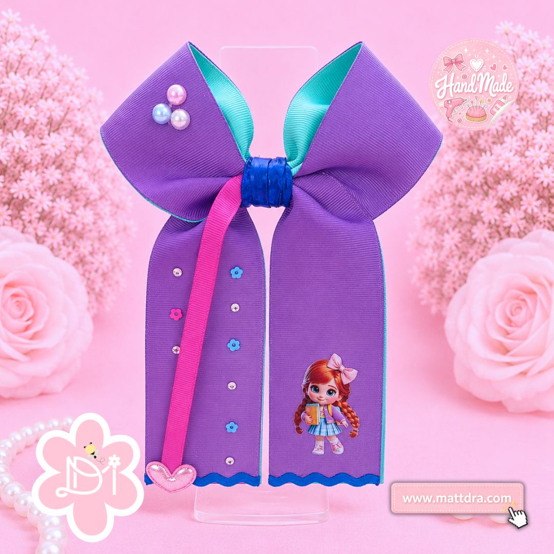 School Princess Hair Bow with Braid Charm - Purple & Blue Double Ribbon with Pearls