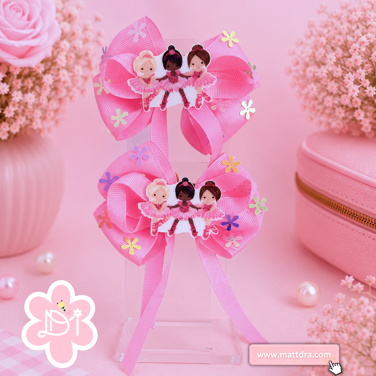 Ballerina Girls Hair Bow Set | Pink Ribbon Pinwheel Hair Bows with Ballet Dancer Planar Resin Embellishment