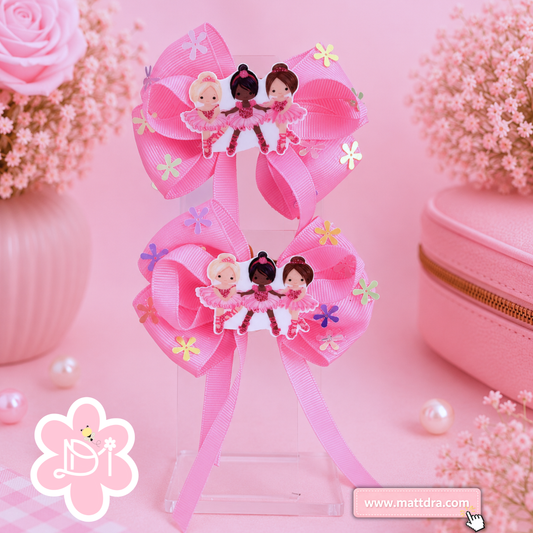 Ballerina Girls Hair Bow Set | Pink Ribbon Pinwheel Hair Bows with Ballet Dancer Planar Resin Embellishment
