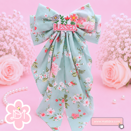 Christian Mint Floral Boutique Hair Bow for Girls | "Blessed" Embroidered Patch Ribbon Bow