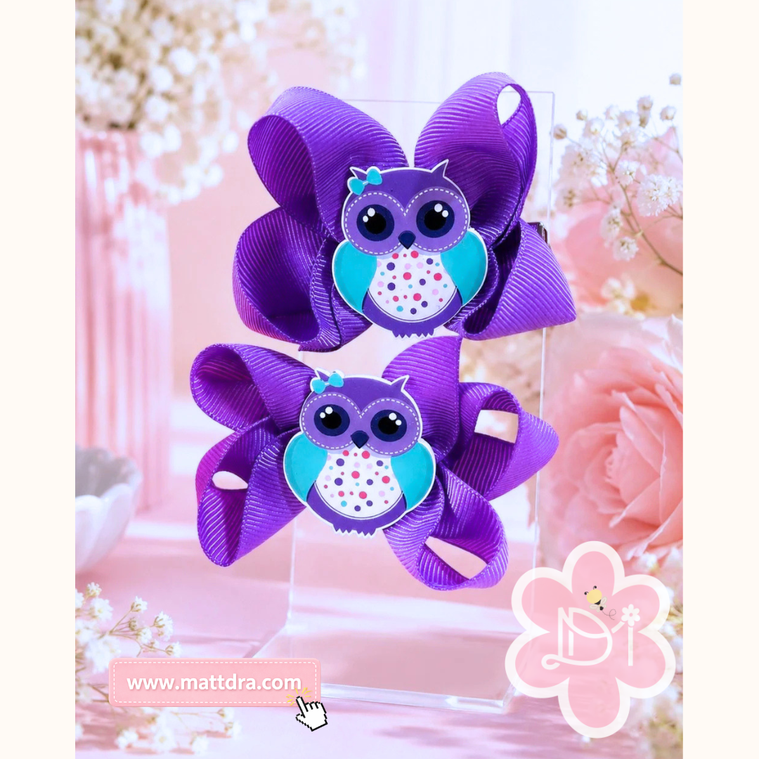 Purple Owl Ribbon Hair Bows for Kids, set 3”
