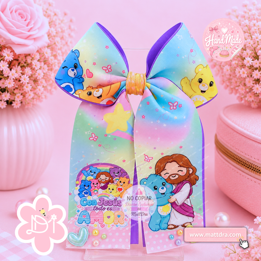 Christian Care Bears Boutique Cheer Hair Bow for Girls | "Con Jesús Todo es Amor" Large Ribbon Ponytail Bow – Exclusive MattDra Design