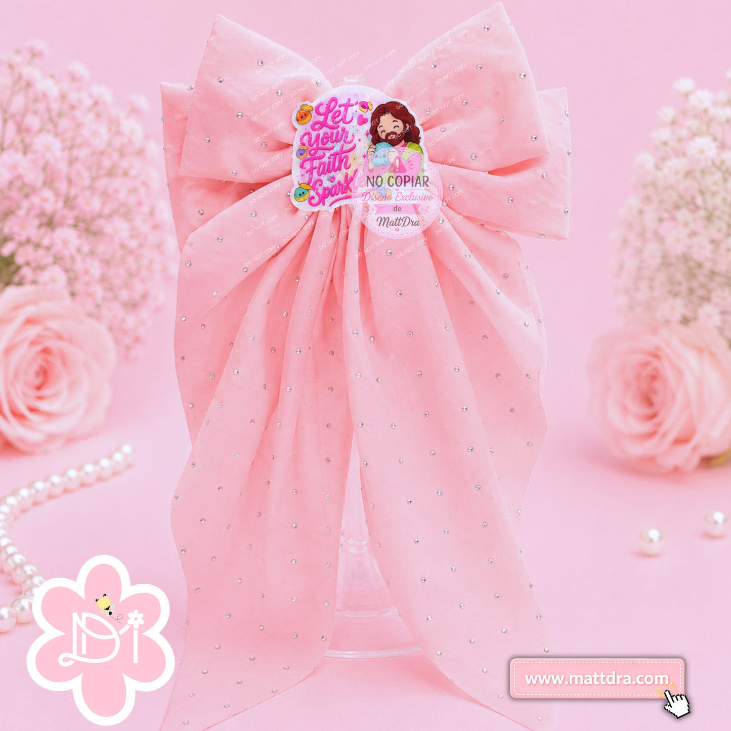 Christian Pink Rhinestone Boutique Hair Bow for Girls | "Let Your Faith Sparkle" Glitter Bow | Exclusive MattDra Resin Design