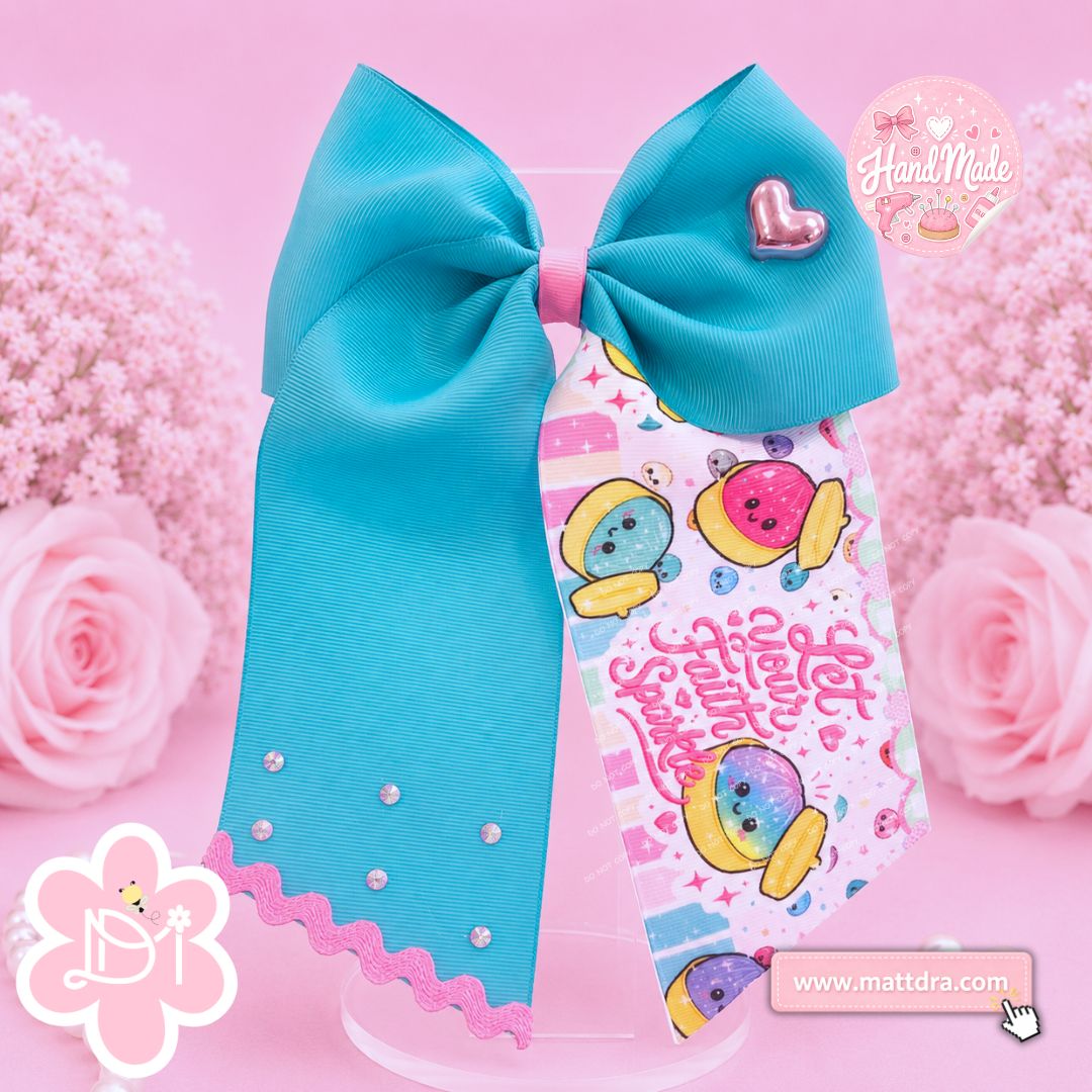 Christian Hair Bow "Let Your Faith Sprinkle" Dumpling Print - Turquoise Bow with Rhinestones for Girls