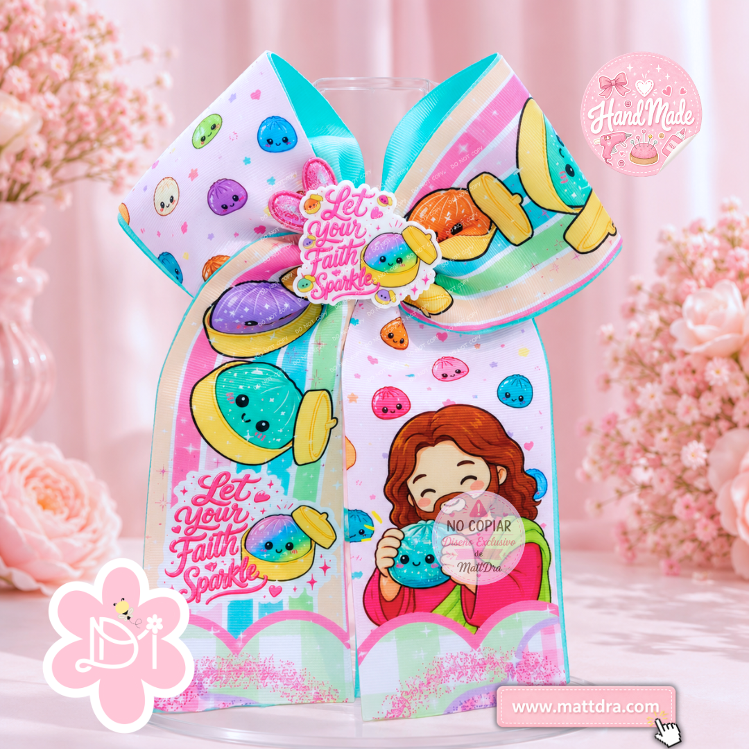 Let Your Faith Sparkle - Dumpling- Christian Boutique Hair Bow – Handmade Glitter Jar & Jesus Long Tail Bow for Girls