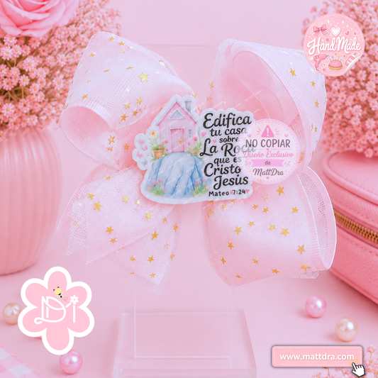 Christian Boutique Hair Bow | "Edifica Tu Casa Sobre La Roca" Handmade Hair Bow | Matthew 7:24 Faith Hair Bow
