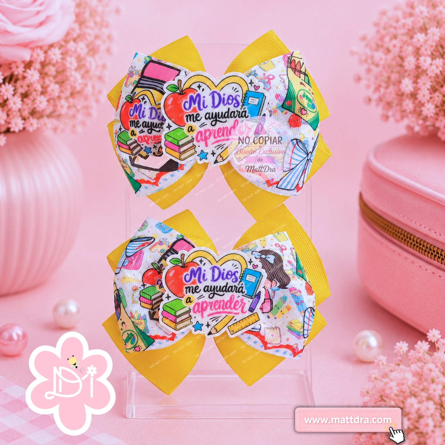 Handmade Christian Boutique Hair Bow Set | "Mi Dios Me Ayudará a Aprender" Planar Resin Bows | Exclusive MattDra Design