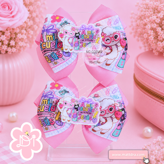 Handmade Christian Boutique Hair Bow Set | "A Mi Escuela Me Acompaña Jesús" Planar Resin Bows | Exclusive MattDra Design
