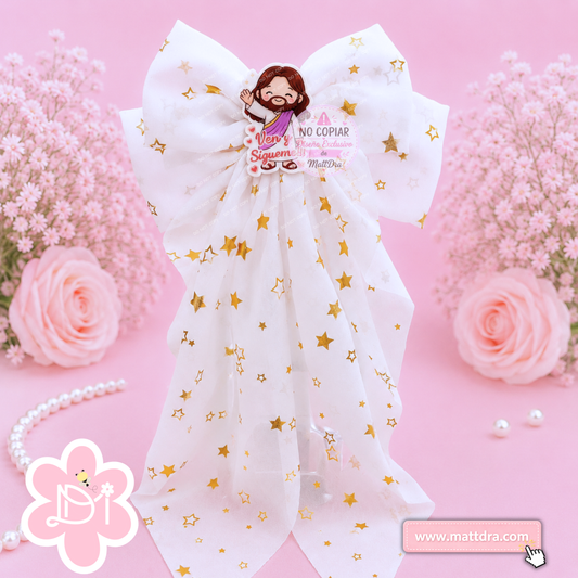 Christian White Star Boutique Hair Bow for Girls | "Ven y Sígueme" Gold Star Ribbon Bow | Exclusive MattDra Resin Design