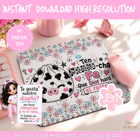 Digital Mouse Pad PNG – Ten Muuu-cha Fe que Dios hará el resto | Cute Cow Dumpling Christian Sublimation Design | Instant Download