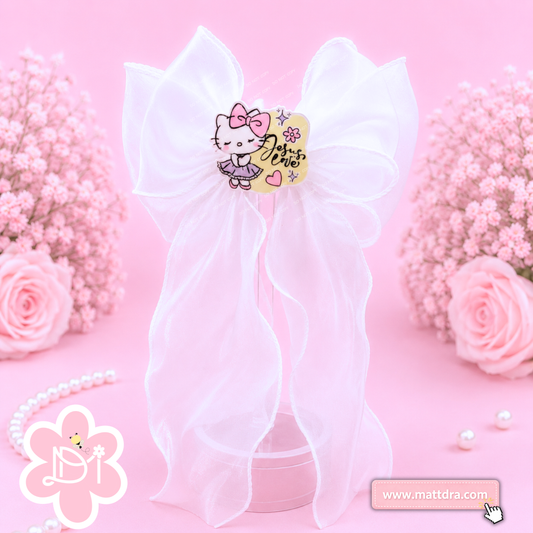 Christian White Organza Boutique Hair Bow for Girls | Kitty "Jesus Love" Resin Design | Exclusive MattDra Resin