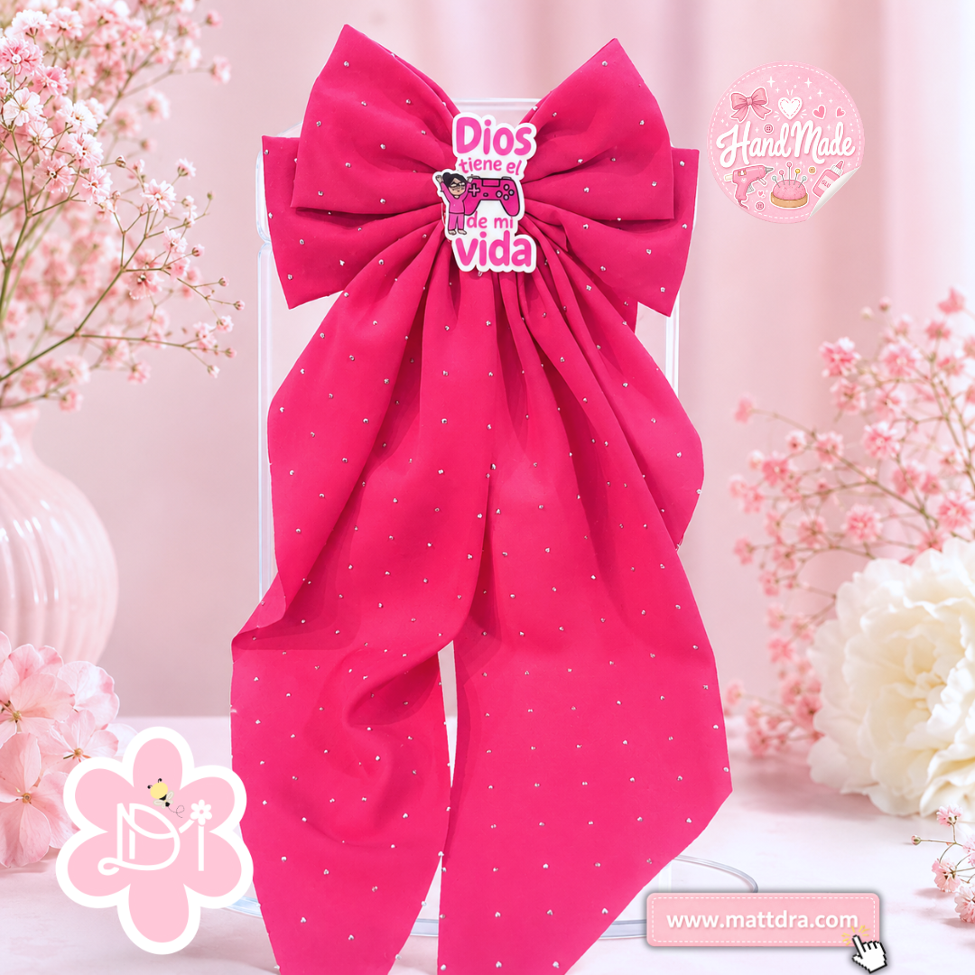 Dios Tiene el Control de Mi Vida Christian Boutique Hair Bow for Girls – Hot Pink Rhinestone Long Tail Bow | Handmade Hair Accessory