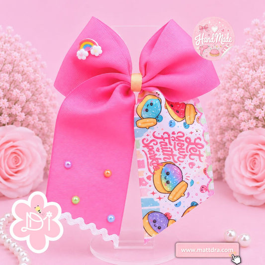 Hair Bow "Let Your Faith Sprinkle" Dumpling Print - Hot Pink Bow with Rainbow & Pearls for Girls