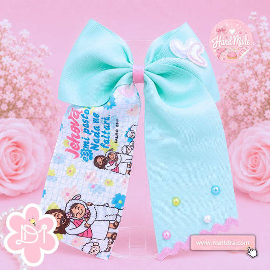Christian Hair Bow "Jehová es mi Pastor" Salmo 23 - Mint Blue Bow with Pearls for Girls