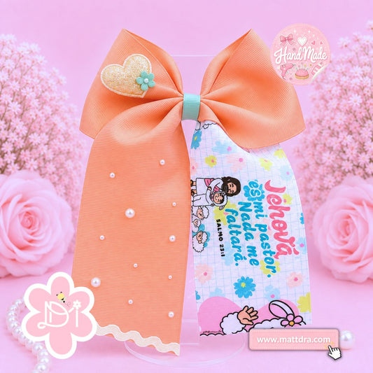 Christian Hair Bow "Jehová es mi Pastor" Salmo 23 - Orange Bow with Pearls for Girls