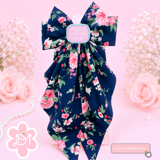 Christian Navy Floral Boutique Hair Bow for Girls | "Jesus Loves You" Embroidered Patch Bow