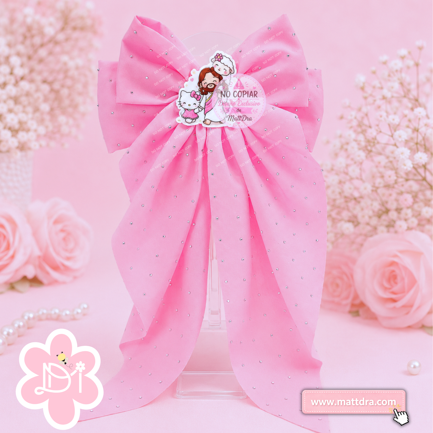 Christian Kitty Boutique Hair Bow for Girls | Pink Rhinestone Bow with Jesus & Lamb Design | Exclusive MattDra Design