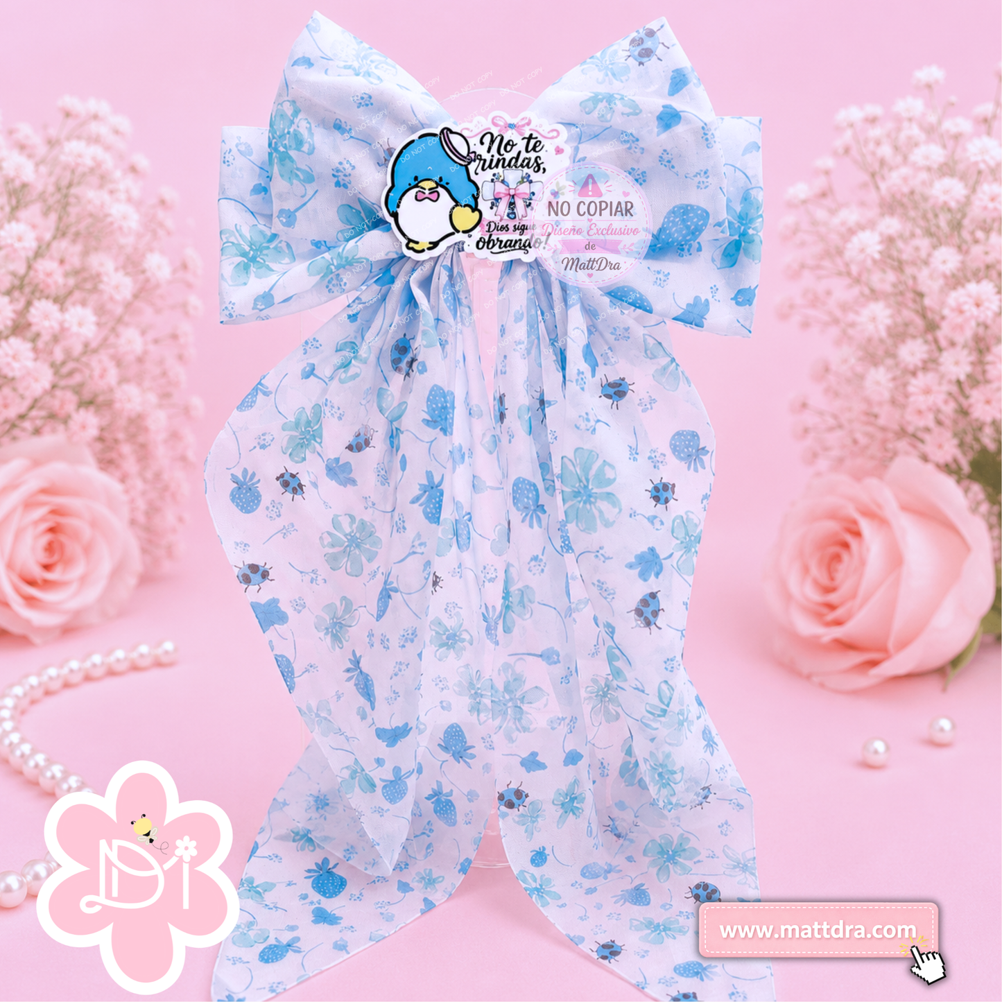 Christian Blue Floral Boutique Hair Bow for Girls | "No Te Rindas, Dios Sigue Obrando" Ribbon Bow | Exclusive MattDra Resin Design