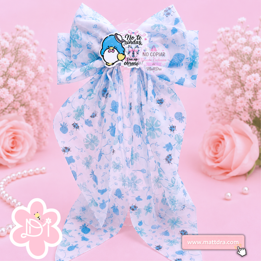 Christian Blue Floral Boutique Hair Bow for Girls | "No Te Rindas, Dios Sigue Obrando" Ribbon Bow | Exclusive MattDra Resin Design