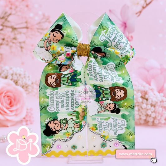 ¡Qué lazo tan bonito! Aquí tienes la ficha opChristian Princess & Frog Boutique Hair Bow for Girls | "Jesús Vuelve Posible lo Imposible" Green Ribbon Bow | Exclusive MattDra Design