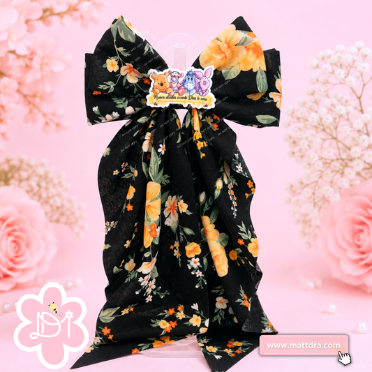 Christian Floral Boutique Hair Bow for Girls | "Nunca Dudes Cuanto Dios Te Ama" Black & Yellow Floral Ribbon Bow