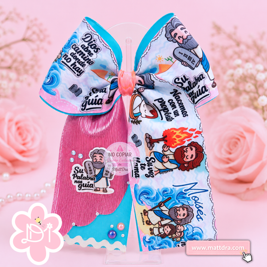 Christian Moses Boutique Hair Bow for Girls | "Dios Abre Camino Donde No Hay" Pink & Blue Ribbon Bow | Exclusive MattDra Design