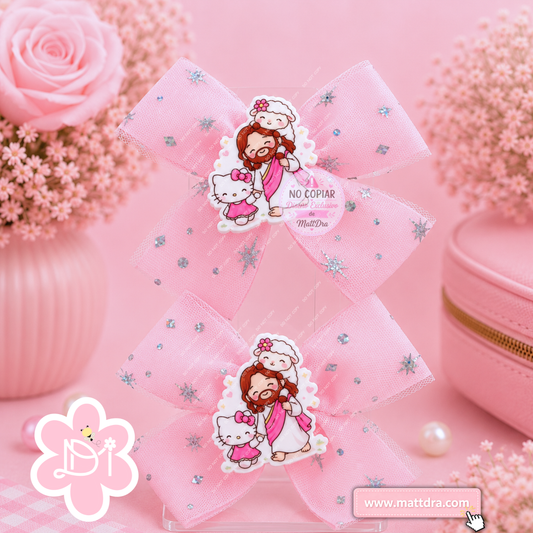 Jesus & Kitty Christian  Hair Bow Set for Girls | Pink Tulle Ribbon Hair Bows with Planar Resin Embellishment