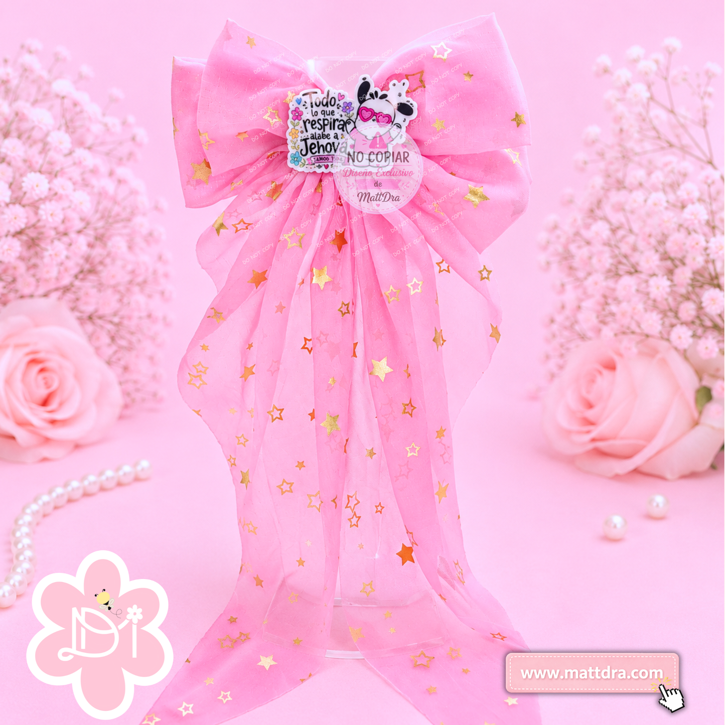 Christian Pink Star Boutique Hair Bow for Girls | "Todo Lo Que Respira Alabe a Jehová" Gold Star Ribbon Bow | Exclusive MattDra Resin Design