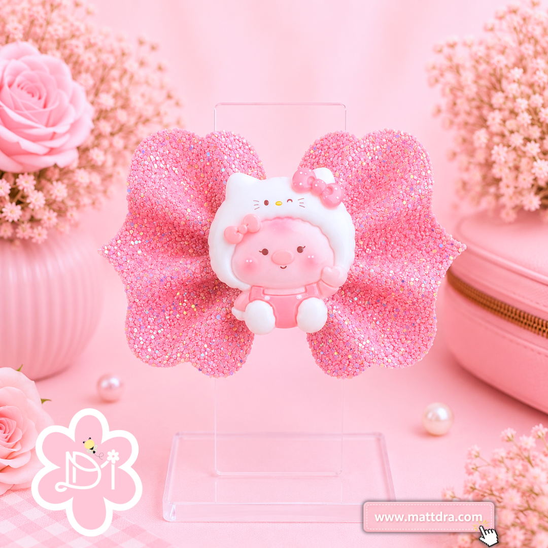 Pink Kawaii Glitter Hair Bow – Handmade Boutique Hair Bow with 3D Resin Center | Sparkly Girls Hair Accessory