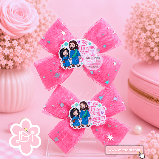 Christian Boutique Hair Bow Set for Girls | "De Tu Mano Voy Segura" Pink Tulle Ribbon Hair Bows with Planar Resin Embellishment