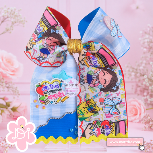 Christian Back to School Boutique Cheer Hair Bow for Girls | "Mi Dios Me Ayudará a Aprender" Large Ribbon Ponytail Bow