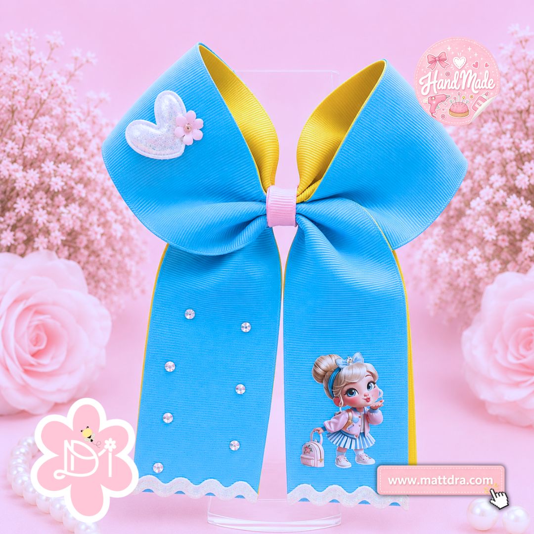 School Princess Hair Bow Set with Pigtail Bows - Blue & Yellow Double Ribbon with Rhinestones