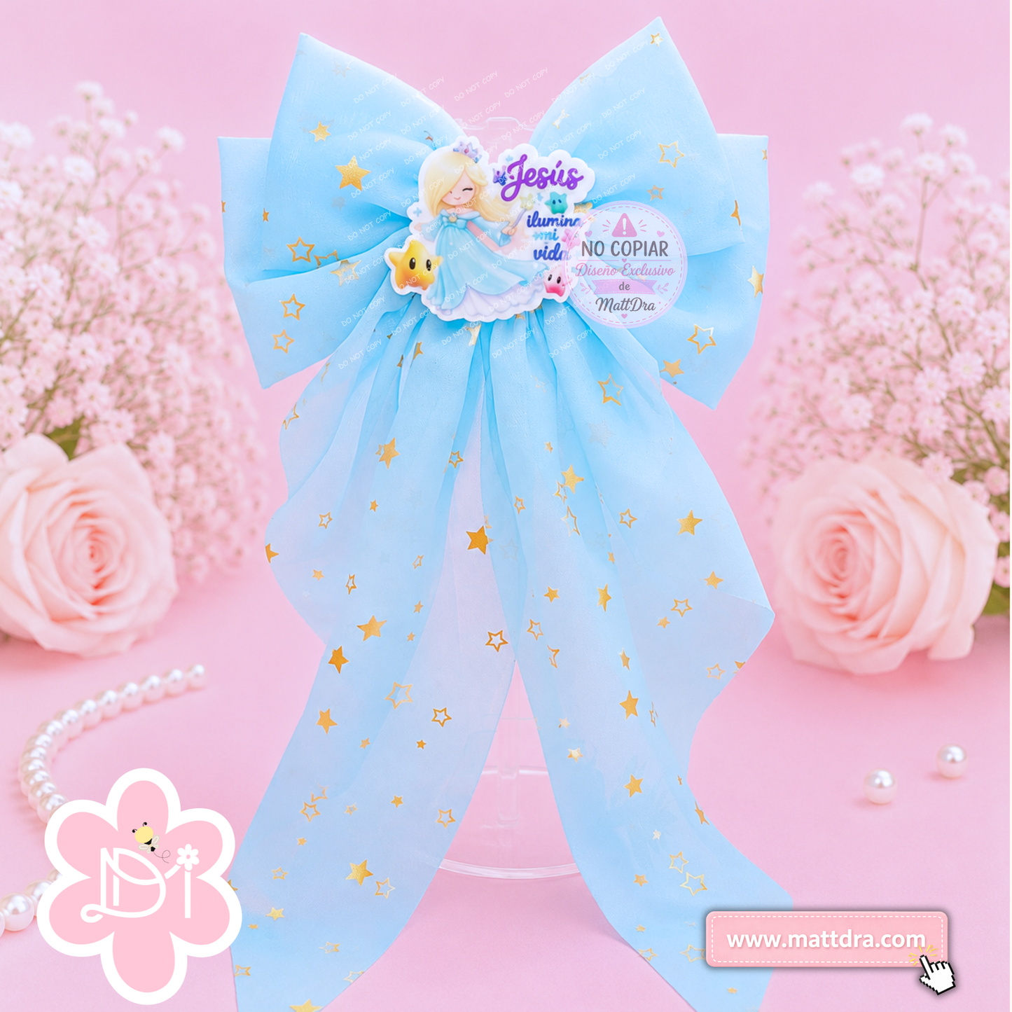 Christian Blue Star Princess Boutique Hair Bow for Girls | "Jesús Ilumina Mi Vida" Gold Star Ribbon Bow | Exclusive MattDra Resin Design