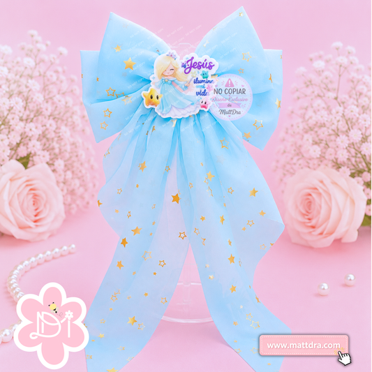 Christian Blue Star Princess Boutique Hair Bow for Girls | "Jesús Ilumina Mi Vida" Gold Star Ribbon Bow | Exclusive MattDra Resin Design