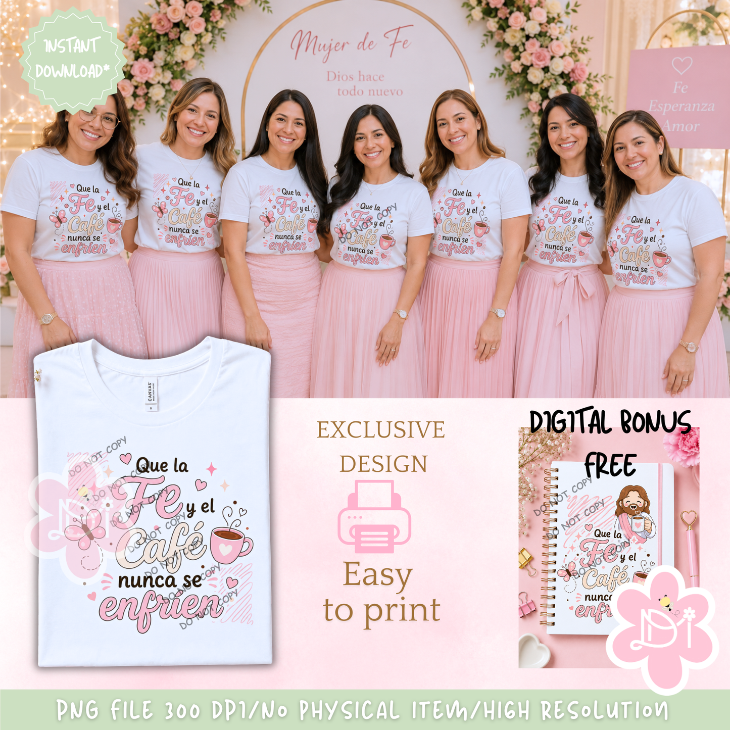 Diseño Digital PNG – "Que la Fe y el Café Nunca Se Enfríen" | Incluye Bonus Gratis | Ideal para Eventos de Mujeres Cristianas