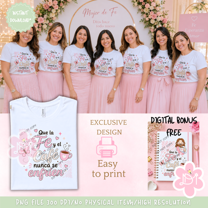 Diseño Digital PNG – "Que la Fe y el Café Nunca Se Enfríen" | Incluye Bonus Gratis | Ideal para Eventos de Mujeres Cristianas
