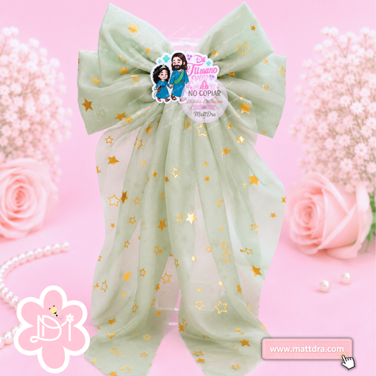 Christian Sage Green Star Boutique Hair Bow for Girls | "De Tu Mano Voy Segura" Gold Star Ribbon Bow | Exclusive MattDra Resin Design