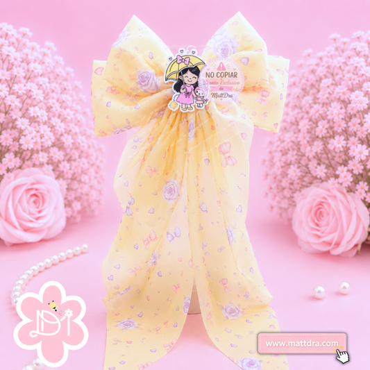 Christian Yellow Floral Boutique Hair Bow for Girls | Girl with Umbrella & Bunny Resin Design | Exclusive MattDra Resin